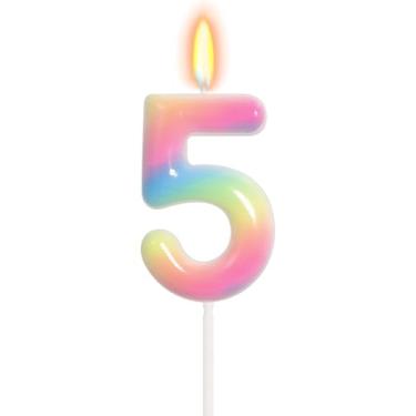 Imagem de ELekFX Vela gradiente número 5 arco-íris, topo de bolo de feliz aniversário para 5º aniversário, decorações de festa arco-íris e lembrancinhas de festa