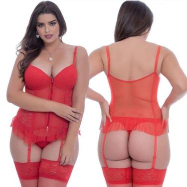 Imagem de Espartilho Plus Size Vermelho Bordado Em Tule e Renda Com Bojo Zíper D