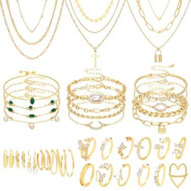 Imagem de NEWITIN Conjunto de 39 peças de joias de ouro para mulheres moda bijuteria banhado a ouro colar pulseira anel conjunto de brincos para mulheres, Adjustable, Metal, Zircônia cúbica
