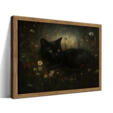 Imagem de Arte de parede de gato preto gótico, pinturas de decoração de parede de gato de flores silvestres da Dark Academia, imagens vintage Moody Cottagecore de animais fofos para sala de estar, quarto