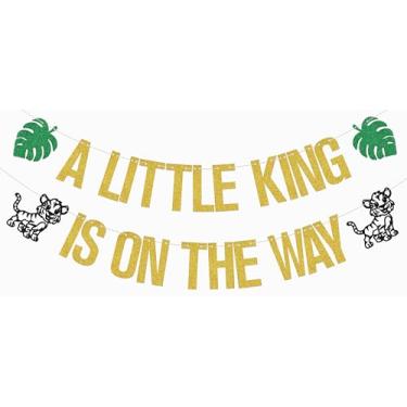 Imagem de Banner A Little King Is on the Way Decorações de chá de bebê com tema de rei leão decorações de festa de aniversário dourado glitter
