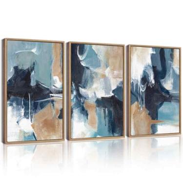 Imagem de KUVIOKE Arte de parede emoldurada abstrata azul marinho em forma de grafite pastel decoração de parede pintura moderna minimalista para quarto sala de estar 40,6 x 61 cm (moldura natural)