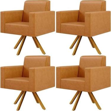 Imagem de Kit 04 Poltronas Base Giratória De Madeira material sintético Whisky -