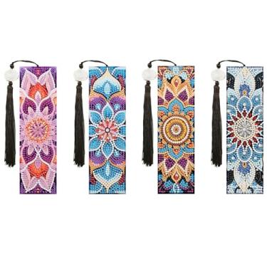 Imagem de Marcadores de livro de arte de diamante mandala para adultos, 4 peças de marcadores de página com pingente de mandala, arte de pedra 5D, artesanato DIY fácil de acrílico para presente de decoração de