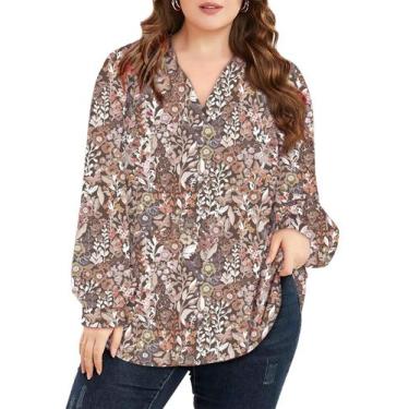 Imagem de Camisa feminina Eytino plus size com decote em V, lanterna de manga co