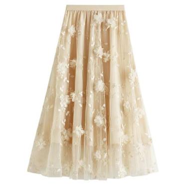 Imagem de Saia de tule midi com bordado floral enrugado e cintura elástica - Qoi