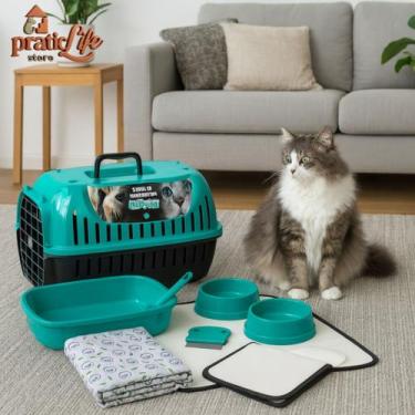 Imagem de Kit Caixa Transporte Pet + Caixa de Areia para Gato + Tapete para Come