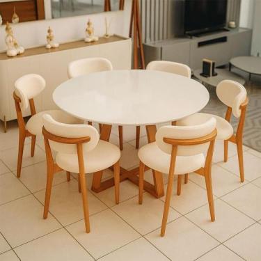 Imagem de Mesa de Jantar 1,35m Redonda 6 Cadeiras c/ Base em Madeira Natural - C