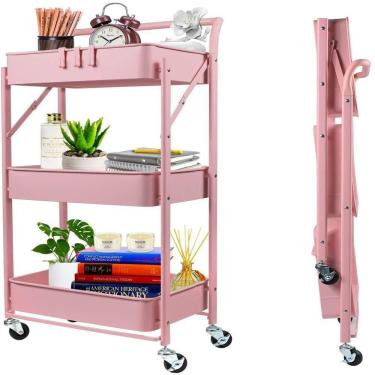 Imagem de Carrinho Multiuso Organizador 3 Prateleiras Dobravel Em Aço Rosa Quarto Sala Brinquedos...