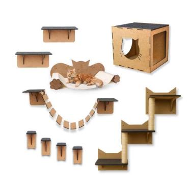 Imagem de Kit Playground para Gatos 10 pçs com Toca Escada Nicho Ponte Arranhado