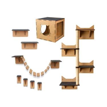Imagem de Kit Playground Gato MDF 9 Pçs Nicho Toca Arranhador Escalador Brinqued