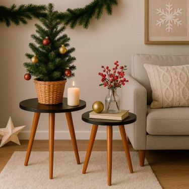 Imagem de Kit 2 Mesas Cora de Canto Redondas Pé Palito MDF Preto Mesa Lateral pa