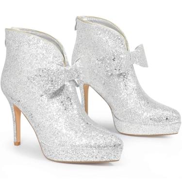 Imagem de Perphy Botas femininas de salto agulha com laço de glitter e plataforma, Prata, 37