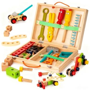 Imagem de KIDWILL Kit De Ferramentas Para Crianças, Conjunto De Ferramentas De Madeira Para Crianças, Incluindo Caixa De Ferramentas E Adesivos Diy, Brinquedos De Construção De Haste Educacional Montessori Para