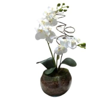 Imagem de Plantas Artificiais Decorativas, Plantas Artificiais Decorativas com Vaso, Arranjo Especial Orquídea 40 cm de Altura, Casca e Musgo Natural(BRANCA MOD 01)