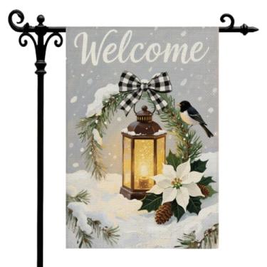 Imagem de Bandeira de jardim de inverno bem-vinda para fora, bandeira de jardim de poinsétia de inverno com lanterna de inverno, dupla face, pássaro, pinheiro, arco de pinho, bandeiras de quintal de neve