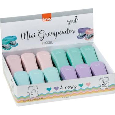 Imagem de Mini Grampeador, BRW, para 20 Folhas, 6 cm, Plástico, Cores Pastéis, Display com 12