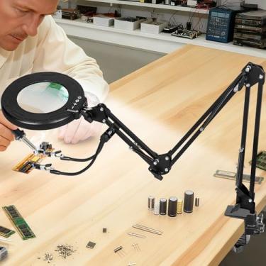 Imagem de KUVRS Lupa de 12 x com luz e grampo, lupa de mesa iluminada por LED de 3 seções, ferramenta de solda de terceira mão, escurecimento contínuo de 5 cores, clipe grande de 4 vias para reparo de bancada