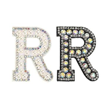 Imagem de Letra R Decorativa Ferro em Preto Branco Patch Glitter Alfabeto Aplique Strass Pérola Letra Inglesa para Reparação de Roupas DIY Chapéus Bolsas Pacote com 2