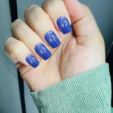 Imagem de Unhas de pressão quadradas médias com design de olho de gato com kit de cola, conjunto de manicure de cobertura completa com glitter para mulheres (azul, F)