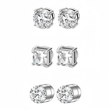 Imagem de Brincos magnéticos de aço inoxidável para brincos de pressão unissex sem piercing com ímã CZ brincos de diamante para mulheres e homens, 5mm, Aço inoxidável Zircônia cúbica, Zircônia cúbica