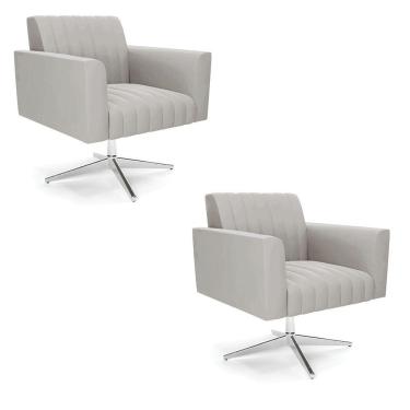 Imagem de Kit 2 Poltronas Giratória Viena Gomada Veludo Cinza Base Cromada - D'rossi