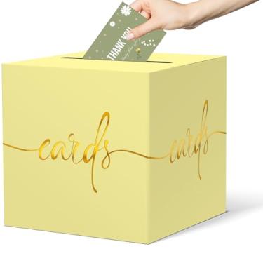 Imagem de CINSOEN Caixa de cartão amarelo claro com design de folha dourada - aniversário, casamento, festa, formatura e chás de bebê, aposentadoria, aniversário, dia dos namorados, bilhete de sorteio e caixa