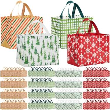 Imagem de Sanwuta 100 unidades de sacos de presente de Natal grandes sacos de petisco com alças vermelho verde listrado floco de neve pinheiro reutilizável não tecido presente bolso para presentes de Natal