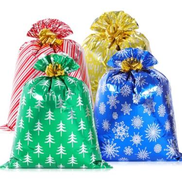 Imagem de Fulmoon 4 peças de saco de presente jumbo de Natal de 121 cm extra grande vermelho com 4 peças de flores de puxar, sacolas de plástico gigantes para presente de Natal, casamento, aniversário