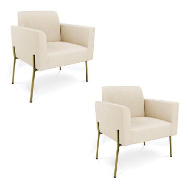 Imagem de Poltrona Pé De Ferro Dourado Para Escritório Kit 2 Marisa Linho D03 Bege