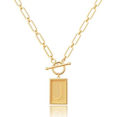 Imagem de Robaice Colar feminino banhado a ouro 14K, pingente de alfabeto personalizado com gravação inspiradora, corrente de clipe de papel, joia que não mancha, presente para ela, 18'' + 2'' extender, Metal