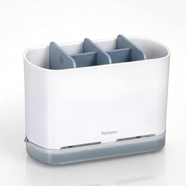 Imagem de YOHOM Suporte de escova de cozinha para pia de esponja organizador de bancada, suporte de esponja de plástico com bandeja de drenagem