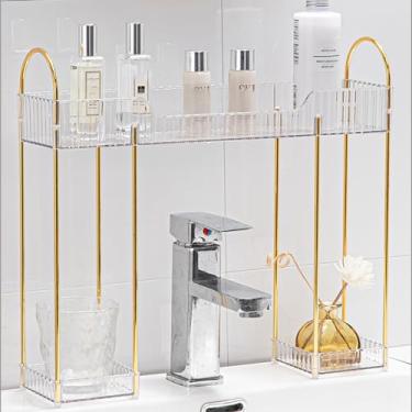 Imagem de WIWIUXY Organizador de maquiagem para penteadeira, organizador de pia de banheiro de 2 camadas, prateleira sobre torneira, suporte organizador de bancada com bandejas de plástico transparente