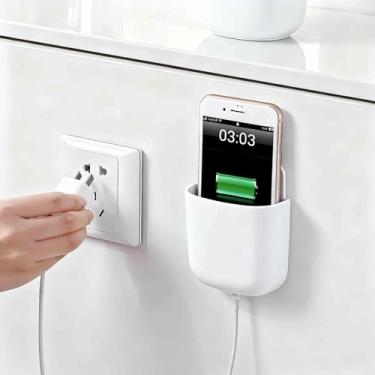 Imagem de 1 suporte de armazenamento de plástico montado na parede, suporte adesivo de carregamento para telefone, armazenamento de controle remoto, organizador de caixa de armazenamento multifuncional montado