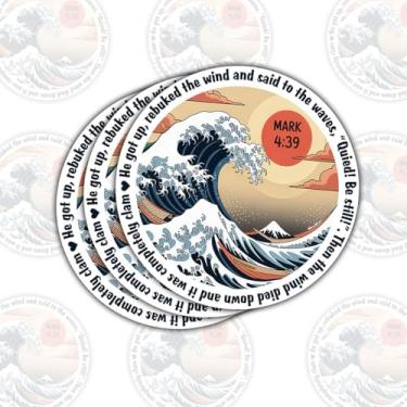 Imagem de 3 adesivos Jesus Calms The Storm – Versículo da Bíblia Mark 4:39 "Quiet Be Still" Adesivos de vinil de fé cristã para laptop, garrafa de água, caderno, carro, presentes (7,6 cm)