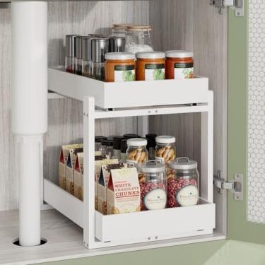 Imagem de APRTAT Pacote com 2 organizadores embaixo da pia, armazenamento removível de madeira de bambu com gavetas deslizantes para armários de cozinha e banheiro, fácil instalação (branco, 1 pacote)