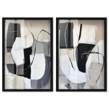 Imagem de Serenidade neutra: par abstrato minimalista conjunto de 2 painéis Shadowbox Print Boho Art por Art Remedy, moldura preta, 43 x 63 cm