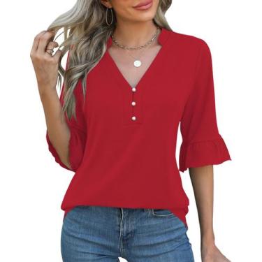 Imagem de Blusa feminina Rapbin com decote em V, manga 3/4, túnica vermelha