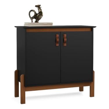 Imagem de Aparador Bancada Hall de Entrada Sala Decoração Buffet Balcão Jantar Armário Cozinha Cantinho do Café 2 Portas com Puxador em Couro Pés Madeira Maciça Retrô Sonetto (Preto/Freijó)