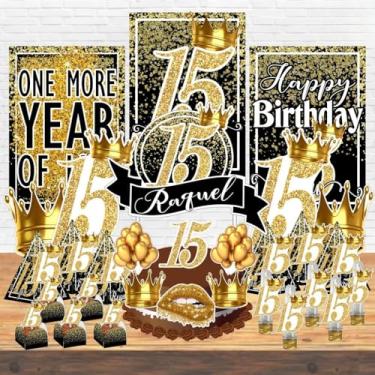 Imagem de Kit Festa Aniversário Personalizado 15 18 20 30 40 50 60 70 Anos Idades - Decoração Lembrancinha (15 Anos- Preto,Kit Festa LUXO Completo)