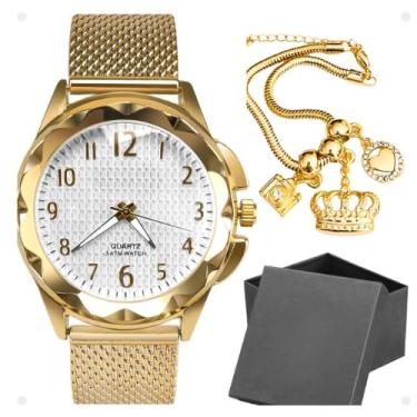 Imagem de Kit Relógio Feminino Dourado a Prova Dagua Orizom Maria + Pulseira Berloques Ajustável + Caixa Presente Premium Coruja