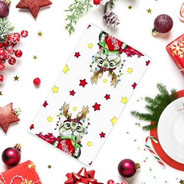 Imagem de Toalha de cozinha natalina de gato festivo de 66 x 45 cm com chifres de rena e estrelas, toalha de prato decorativa macia, toalha de mão de férias para cozinha e banheiro