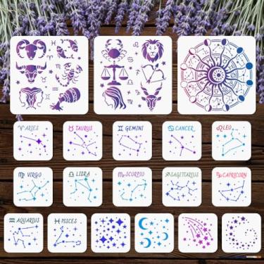 Imagem de MAYJOYDIY 19 peças de estêncil de constelação reutilizável, 12 constelações, estêncil para pintar estrelas, lua, planetas, modelo de desenho com pincel para parede, móveis, papel, tela, scrapbook
