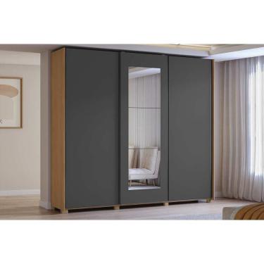 Imagem de Guarda Roupa Casal 3 Portas De Correr (1 C- Espelho) E 4 Gavetas C- Pés Cb01t582 Canela-grafite - Kappesberg
