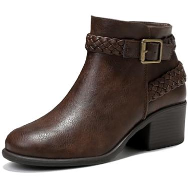 Imagem de Luoika Botas femininas de cano curto de largura larga - Botas curtas pretas e marrons com bloco de salto baixo com zíper lateral., Marrom PU 513, 9.5 X-Wide