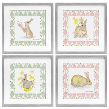 Imagem de Stupell Industries Conjunto de 4 peças Spring Bunnies on Argyle Impressão emoldurada preta sob vidro, design por Lee Ann Sanders, 13 x 13
