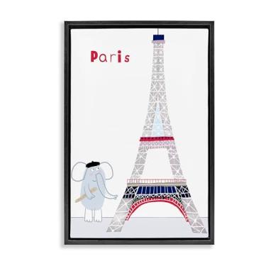 Imagem de Stupell Industries Arte de parede em tela flutuante marrom com moldura de elefante e Torre Eiffel, design de Carla Daly, 63 x 43 cm