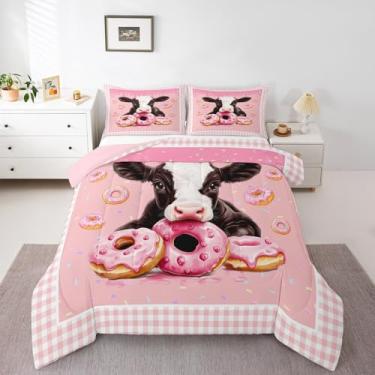 Imagem de Conjunto de cama Queen com estampa de vaca donut, tamanho Queen, 3D, estampa de animais de fazenda, fofo, para crianças, meninas, adolescentes, rosa, doces, desejert, decoração, edredom acolchoado com