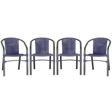 Imagem de 04 Cadeiras Floripa Alumínio Pintura Preta Trama Original Azul