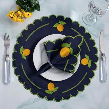 Imagem de Kit 12 Pçs 6 Lugares Mesa Posta Sousplat Jogo Americano Limão Siciliano Bordado Azul Marinho